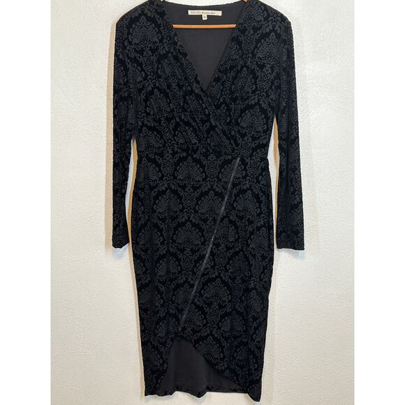 Rachel Roy Dress L Black Velvet Burnout Faux Wrap Asymmetrical Zip High Low Hem - Picture 8 of 16